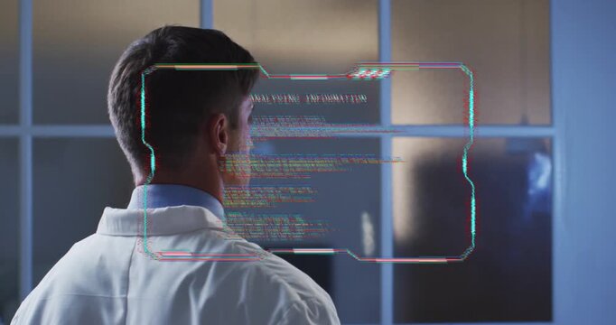Engineer in lab coat noticing hologram code appearing, touching UI, calming glitch to debug