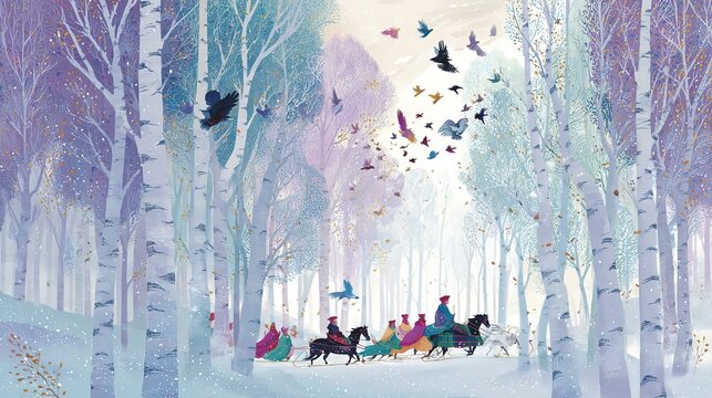 Winter wonderland illustration horse drawn sleigh with three children birds flying among white birch trees kids in winter wear blue cream colors simple design