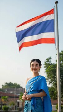 Smiling Thai Woman in Traditional Blue Silk Dress Standing Before National Flag