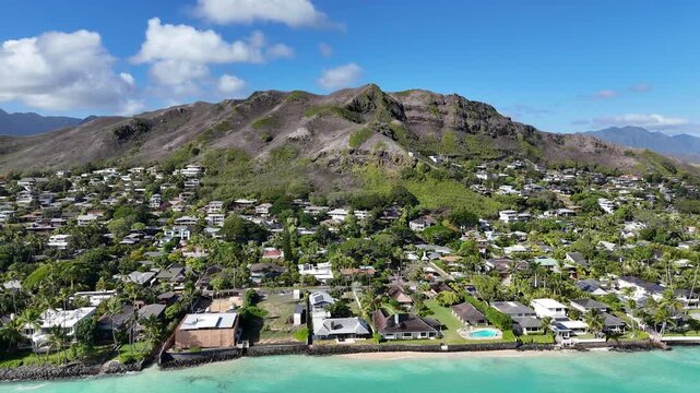 Beautiful aerial view towards the Lanikai Pillbox hike on the windward side of Oahu Island in Hawaii.