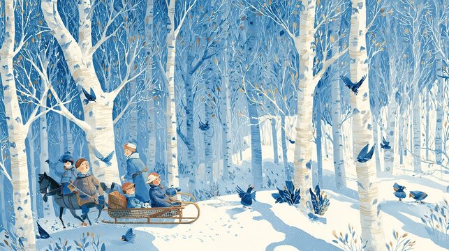 Vintage Russian style winter scene three children on horse drawn sled through snowy forest birds around white birch trees blue cream palette simple