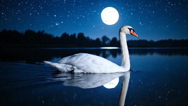Graceful Swan Floating on Calm Lake Under the Moon