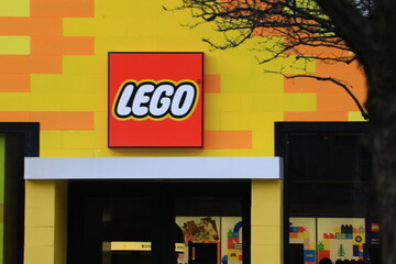 Naklejka premium LEGO toy storefront. Lego was founded by Ole Kirk Christiansen in Denmark. 