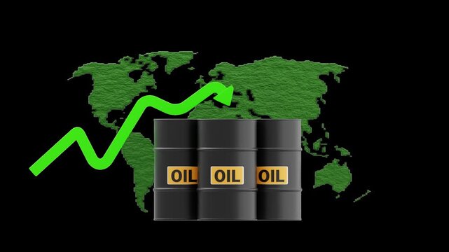 3D Oil Barrels on World Map with Rising Economic Graph | Alpha Channel