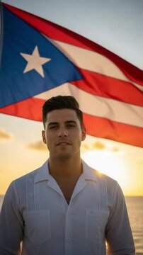 Proud Hispanic man wearing traditional guayabera with national flag at beach sunset