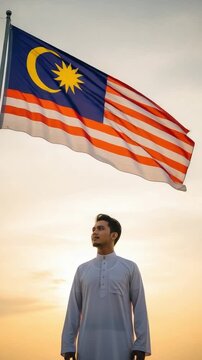 Patriotic young Malay man wearing traditional Baju Melayu posing with national flag at sunset