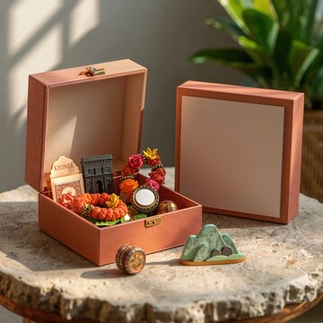 Open box displaying souvenirs with miniature Arc de Triomphe and jewelry