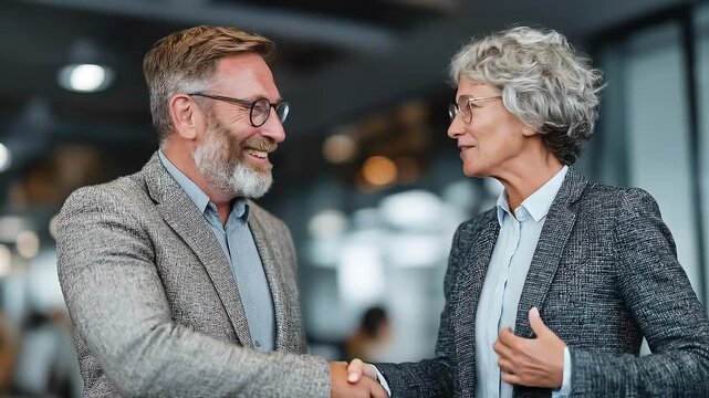 A pair of smiling professionals, a bearded man in a gray tweed blazer and a cheerful woman in a textured jacket, share a warm moment in a modern office lobby