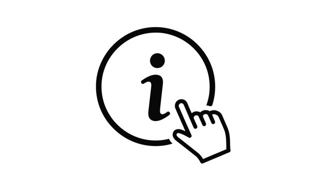 This vector illustration features a hand cursor pointer engaging with a circled lowercase 'i' information icon symbol, signifying help, details, or support within a graphic design.
