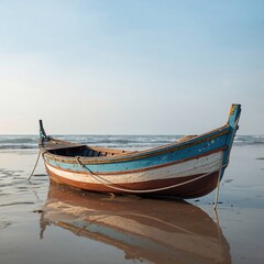 Obraz premium Wooden boat on the beach with reflections on the wet sand
