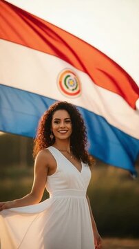 Smiling young woman with curly hair holding Paraguay flag during national holiday celebration