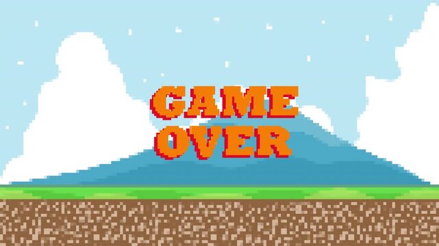 Retro 8 Bit Game Over Screen Animation with Pixel Art Background