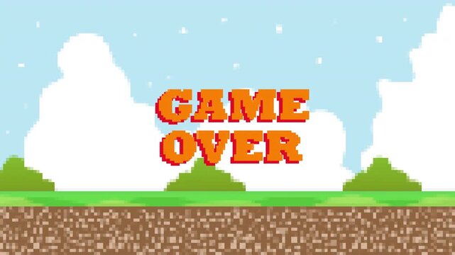 Retro 8 Bit Game Over Screen Animation with Pixel Art Background
