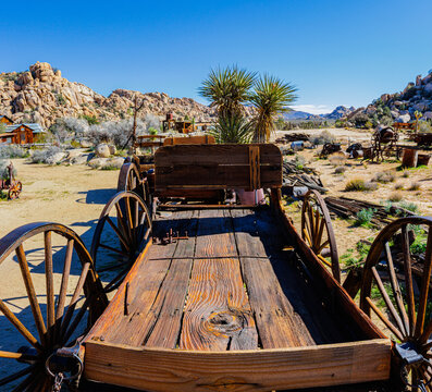 Old Wooden Buckboard Wagons at The Historic Keys Ranch , Joshua Tree National Park, California, USA