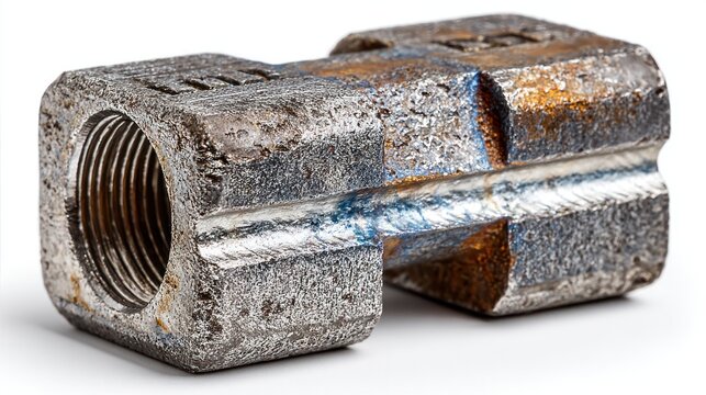 Industrial Welded Metal Component with Threaded Interior and Rustic Texture