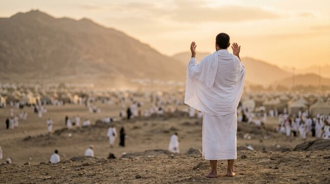 Pilgrim Raising Hands in Prayer at Arafat During Hajj
