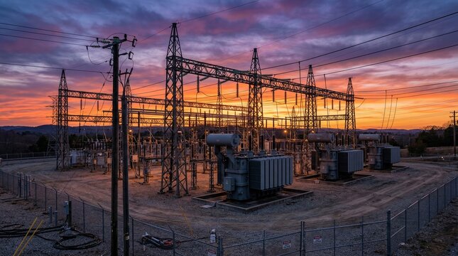Large electrical power substation at dusk with dramatic orange purple and pink sunset sky showing multiple transformers high voltage pylons and fenced perimeter from elevated angle