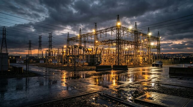 Power substation at dusk after rain with wet asphalt reflecting warm golden floodlights and dramatic dark storm clouds creating moody industrial atmosphere with city lights in distance