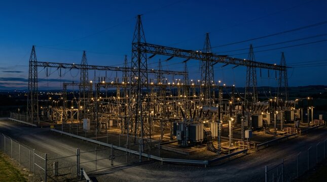 Electrical power substation illuminated by warm yellow security lights at blue hour with deep blue twilight sky creating dramatic contrast between industrial structures and night sky