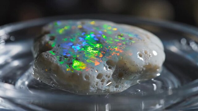 Hydrophane Opal Absorbing Water, Displaying Iridescent Colors
