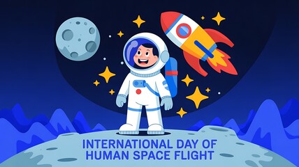 Fototapeta premium International day of human space flight illustration with a cute astronaut on the moon and a rocket ship