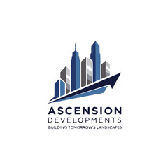 Fototapeta premium Ascension Developments Logo with Modern Skyscrapers and Upward Arrow.