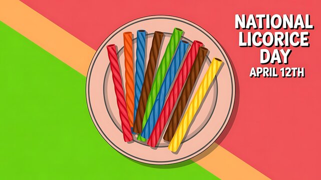 National licorice day celebration with colorful twizzlers candy sticks on a plate background with sugar rush