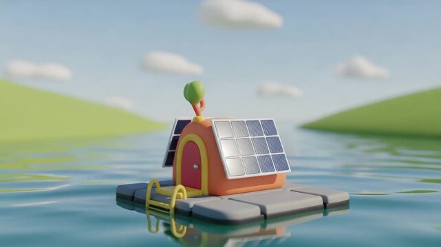 3D illustration of a sustainable off-grid floating tiny home with solar panels on water