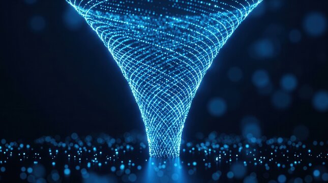 A futuristic data funnel of blue light particles on a dark background visualizes CRO conversion rate optimization, lead funnel, and data-driven growth.