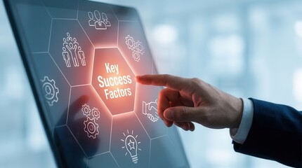 Fototapeta premium A business professional interacts with a glowing digital interface showcasing Key Success Factors for a strategic business framework.