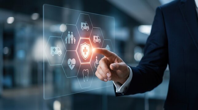 Businessman interacting with a digital health insurance interface, highlighting medical service benefits and financial security.