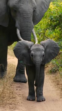 A heartwarming video of a baby elephant walking on a dirt path with its parent in a natural outdoor setting.
