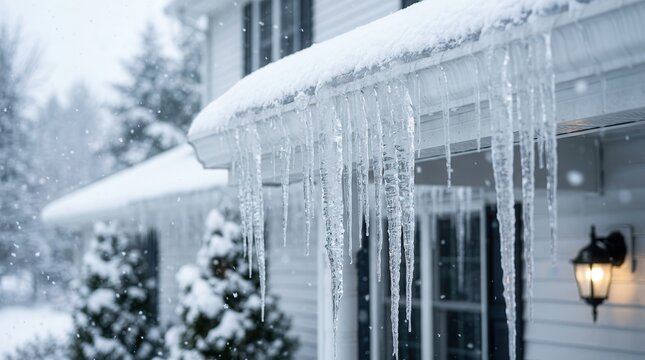 Long icicle formations hang from a snow-covered gutter and roofline, indicating a potential ice dam risk and winter drainage blockage from frozen ice.