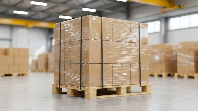 A wrapped carton load on a wooden pallet stands in a warehouse, ensuring secure load stability and protection.