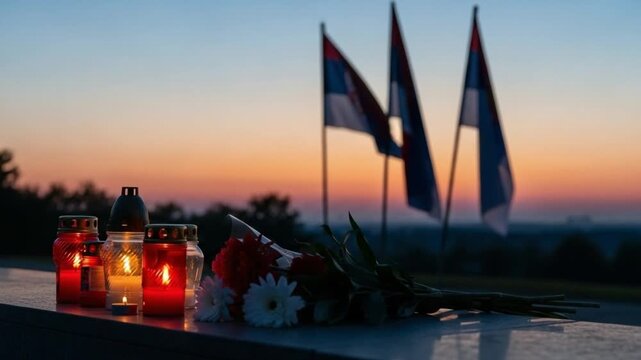 Memorial candles and flowers with Serbian flags at sunset for national day of mourning