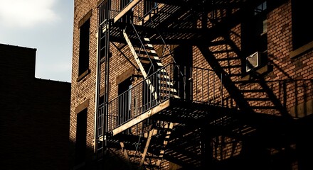 Fototapeta premium Fire escape on brick building facade with metal staircase and railings