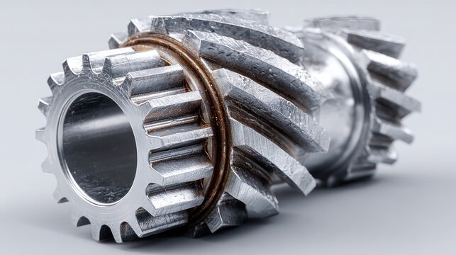 Detailed close up of a metallic industrial gear wheel with precision cut teeth