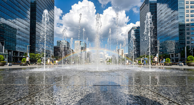 도심의 청량감-현대적 한국의 초여름 분수대