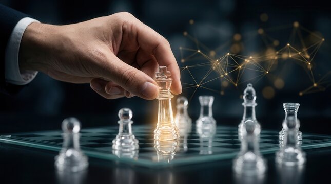 A hand precisely moves a glass chess piece on a transparent chessboard, symbolizing strategic decision-making in digital consulting.
