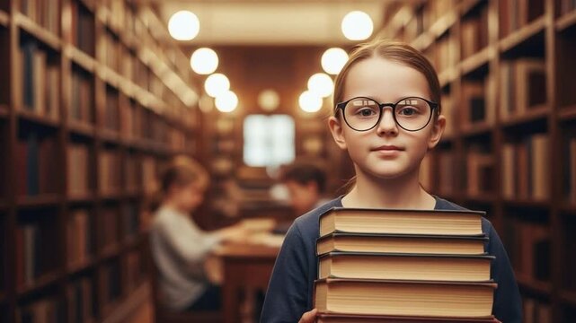 Gifted young girl with glasses holding stack of books in a vintage library setting