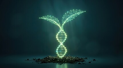 Obraz premium A glowing double helix emerges from soil, forming a seedling sprout, representing biotechnology and gene editing for plant modification.