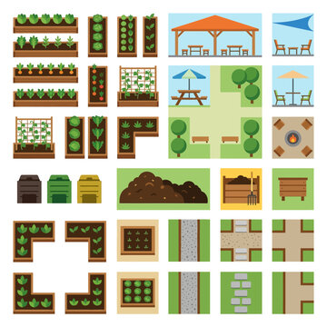 Top-view set of community garden and backyard design elements, featuring raised beds, outdoor seating, composting, and pathways.