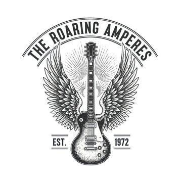 Vintage Electric Guitar with Wings and Banner.