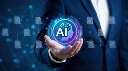 Fototapeta premium A business professional leverages AI-powered document search within a modern DMS system, illustrating intelligent data indexing.
