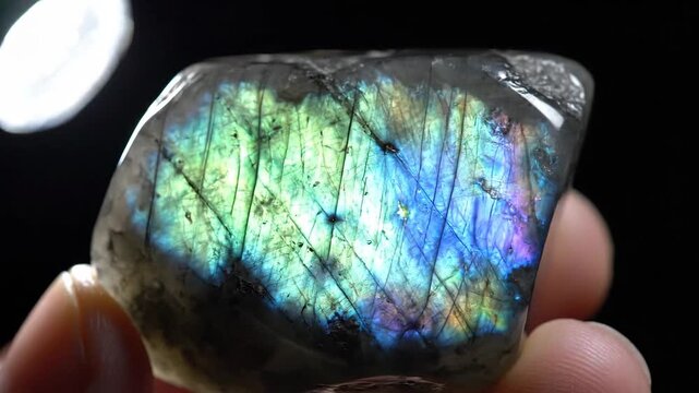 Labradorite stone held by hand displaying vibrant iridescence