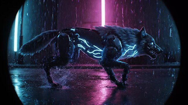 Cybernetic wolf with glowing neon patterns strides through a dark, futuristic urban landscape, its form illuminated by vibrant blue and pink lights, evoking a sense of mystery and technological power