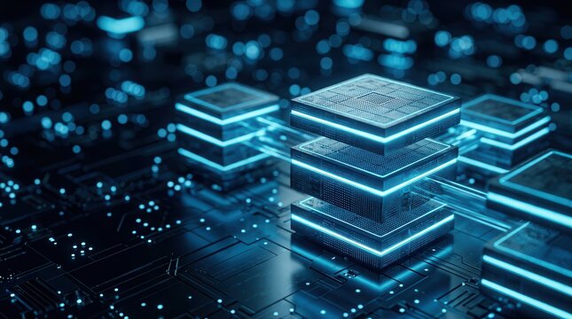 Glowing layered server stack on a circuit-like surface visualizes database migration and data flow between database nodes.