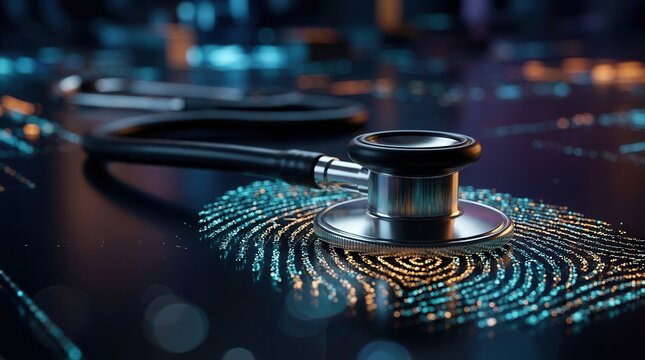 A stethoscope rests on an illuminated digital fingerprint, symbolizing medical cybersecurity risk and patient data protection.