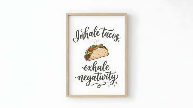 A framed motivational print featuring hand-lettered text 'Inhale tacos, exhale negativity' with a colorful illustration of a taco in the center, against a white wall.