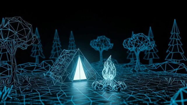 Animated Low-poly Representation Of Camping In Forest At Night With Glowing Tent Campfire Trees Grass All Set Against Dark Background Possibly For Digital Art Game Visuals